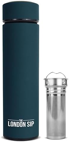 London Sip Multi-Purpose Tea Infuser Travel Mug and Tumbler Fruit Infuser Flask Hot and Cold Double Wall Stainless Steel Thermos with Extra-Long Infuser, Midnight Teal