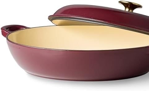 CAROTE 3.4QT Enameled Cast Iron Braiser Pan, Shallow Dutch Oven Casserole Skillets, Non-Toxic Cast Iron Pot with Lid for Grilling, Searing, Baking, Dual Handles, All Stovetop Compatible, Fig