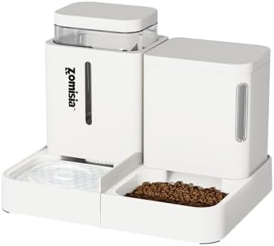 ZOMISIA Gravity Cat Feeder and Water Dispenser, 0.8 Gallon x 2, White