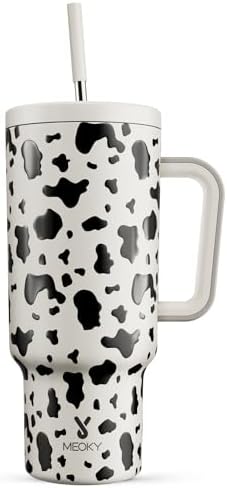 Meoky 40 oz Tumbler with Handle and Straw, Tumbler with Lid and Straw, Insulated Stainless Steel Travel Mug, 100% Leak-proof, Keeps Cold for 34 Hours or Hot for 10 Hours (Cow)
