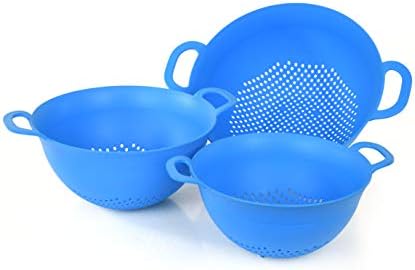 Mintra Home Plastic Strainer Colanders Set: 3, 3.5 and 5 Quart (Blue) Double Strong Handles and Deep Bowl, Safe BPA-Free - Use for Pasta, Noodles, Spaghetti, Vegetables (Assorted Sizes 3pk)