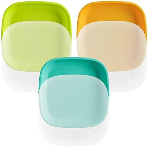 Re-Play Toddler Plates - 22 Oz. Deep-Walled Flat Kids Plates with 3 Lids - Dishwasher & Microwave Safe - Made in USA - Set of 3-7.37" x 7.37" x 1.25" - Aqua Asst