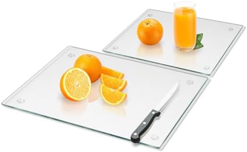 Mymonfif Tempered Glass Cutting Board for Kitchen, Clear Glass Board for Countertop, Heat Resistant, with Non-Slip Feet, 12x16" & 12x8" 2 Pcs Clear