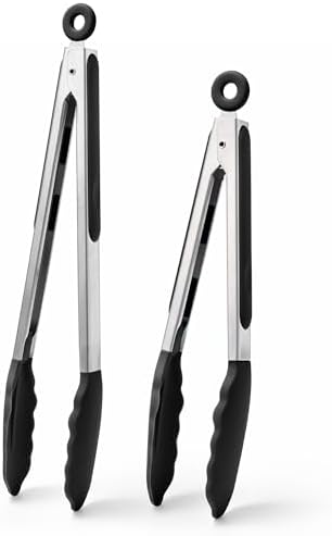 Doosu Kitchen Tongs with Silicone Tips for Cooking Serving (9+12in, Black)