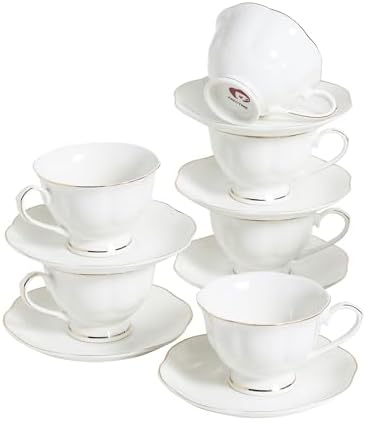 6oz Porcelain Tea Cup & Saucer Set of 6, White with Gold, Party