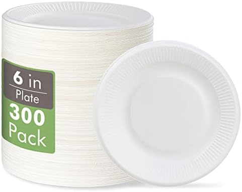 Vplus 100% Compostable Small Paper Plates, 300 Pack 6 Inch, Uncoated