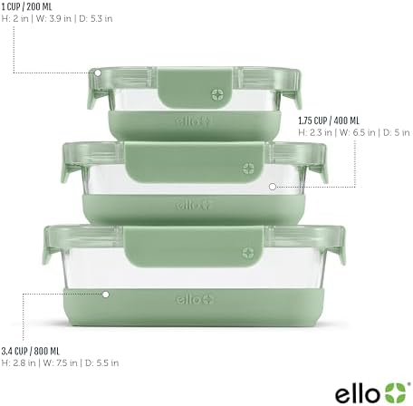 Ello Duraglass Refresh Mixed Meal Prep Set 6Pc, 3 Pack - Glass Food Storage Container with Silicone Boot and Airtight BPA-Free Plastic Lids, Dishwasher, Microwave and Freezer Safe, Cactus