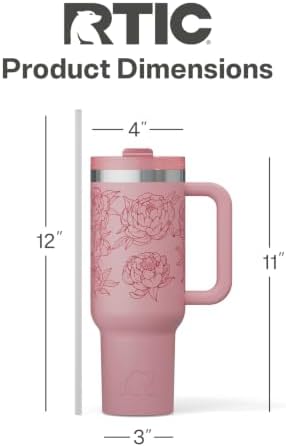 RTIC 40oz Road Trip Tumbler, Insulated, Ceramic Lined, Pink Peonies