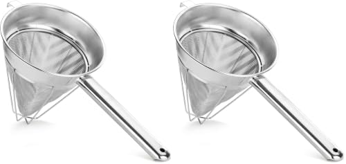 New Star Foodservice Reinforced Bouillon Strainer, 8-Inch, Fine Mesh, 18/8 Stainless Steel, Commercial Kitchen Strainer for Stocks, Sauces, Soups, and Purees (Pack of 2)