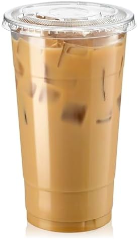 Fit Meal Prep 100 Pack 32 oz Clear Plastic Cups with Flat Lids, Disposable Iced Coffee Cups, BPA Free Premium Crystal Smoothie Cup for Party, Lemonade Stand, Cold Drinks, Juice, Milkshake