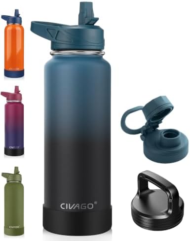 CIVAGO 40 oz Insulated Stainless Steel Water Bottle With Straw and 3 Lids