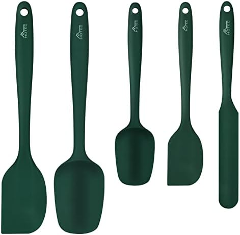 HOTEC 600℉ Heat Resistant BPA-Free Silicone Rubber Spatula Set,Kitchen Cooking Spatulas, Baking, Mixing for Non Stick Cookware, Dishwasher Safe, Dark Green Set of 5