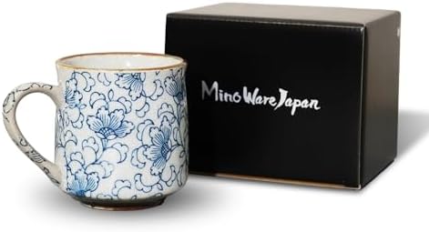 Nostalgic Mino Ware Ceramic Sometsuke Small Mug Cup - Japanese Crafted, Floral Pattern, Comfort Grip Handle, For Coffee and Green Tea or Soup, Matcha Tea, Gift Box Included (Arabesque)