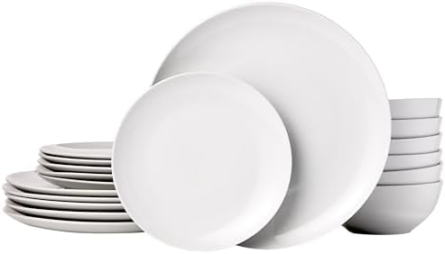 Amazon Basics 18-Piece Complete Kitchen Dinnerware Set, Microwave and Dishwasher Safe, Plates, Dishes, Bowls for Everyday Use, Service for 6, White Porcelain Coupe