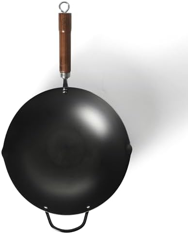 Martha Stewart Chisholm 13.5-Inch Carbon Steel Nonstick Wok, PFAS-Free Wok Pan & Flat Bottom Stir Fry Pan with Long Walnut Wood Handle & Helper Handle, Black