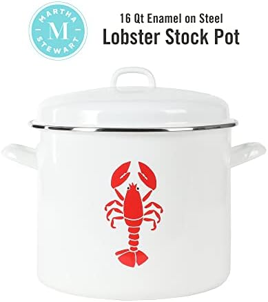 Martha Stewart 16-Quart Enamel on Steel Scratch-Resistant Lobster Stock Pot – Linen – Durable Large Capacity Pot for Boiling, Steaming & Seafood Cooking