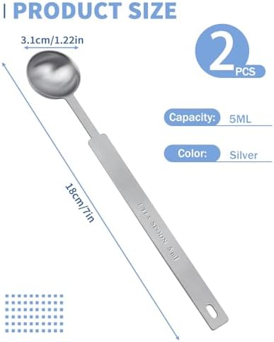 2 Pcs Teaspoon Measuring Spoons, 5mL (5 cc | 1/6 oz) Stainless Steel Teaspoon Scoop, Long Handle Metal Measuring Spoons for Cooking,Baking