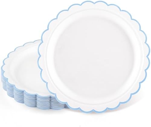 NatNarr 30 PK Light Blue Plates 7" Scalloped Blue White Dessert Cake Plates