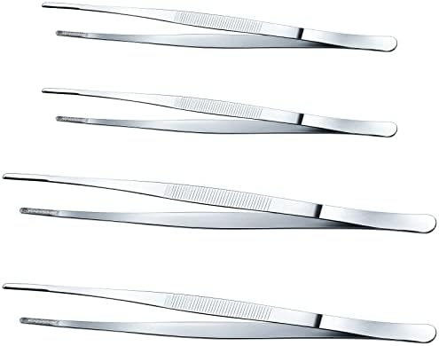 Yaomiao 4 Packs 10 Inch, 12 Inch Cooking Tweezers Bar Kitchen Tongs, Silver