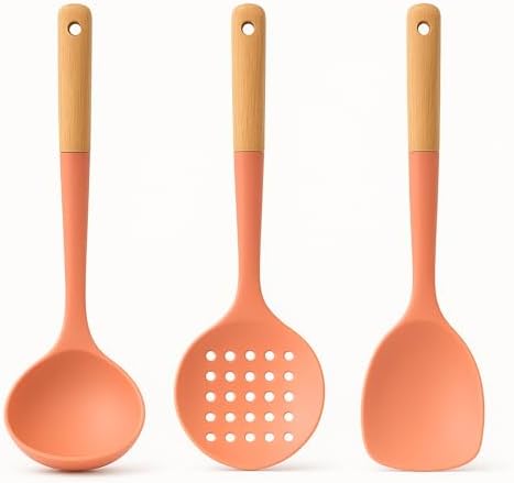 Beille 3pc Beech Wood and Silicone Kitchen Utensils Cooking Spoon Set Meal Prep Baking Supplies Home Essentials, Coral Peach