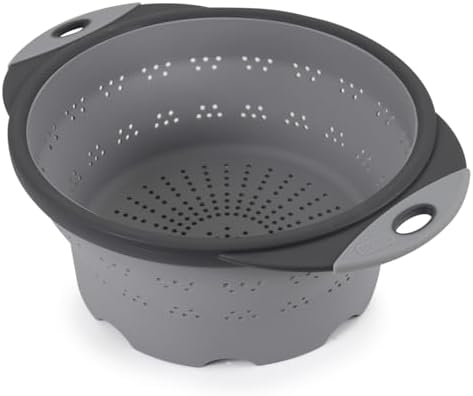 Dexas 10" Collapsible Silicone Colander in Cool Grey, Kitchen Strainer with Handles, 15.1 Cup Capacity | BPA-Free, Heat-Resistant, Space-Saving Kitchen Tool