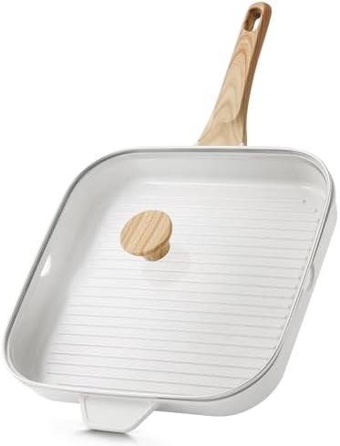 SENSARTE Nonstick Ceramic Grill Pan with Lid, Grill Pan for Stove Tops, Square Grilling Pan with Pour Spouts, Durable Grill Skillet for All Stoves, Steak Bacon Pan, Non Toxic PTFE,PFAS,PFOA Free