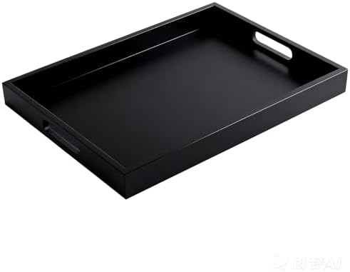 Krismax Wooden Serving Tray with Handles, Serving Platter 15.7x11.4 Inch Food Drinks Tray for Coffee Table,Decorative Storage Tray for Entertaining, Breakfast Tray in Bed,Lunch,Dinner,BBQ(Black)