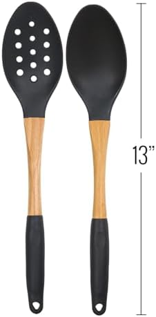 Beille 2pc Spoons Grey Nylon Kitchen Utensils Set with Soft Grip Ergonomic Wooden Handles High Heat Resistance