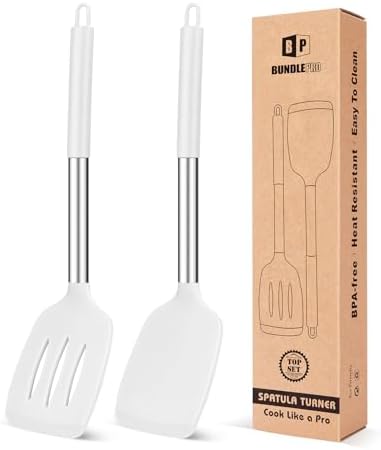 Pack of 2 Silicone Solid Turner, Non Stick Slotted Kitchen Spatulas, High Heat Resistant BPA Free Cooking Utensils, Ideal Cookware for Fish, Eggs, Pancakes(White)