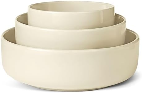 Amazon Basics Ceramic Serving Bowls Set Of 3, Glazed Stoneware (6", 8" & 10"), Nestable Space-Saving, Stain-Resistant, Microwave & Dishwasher-Safe, Ivory