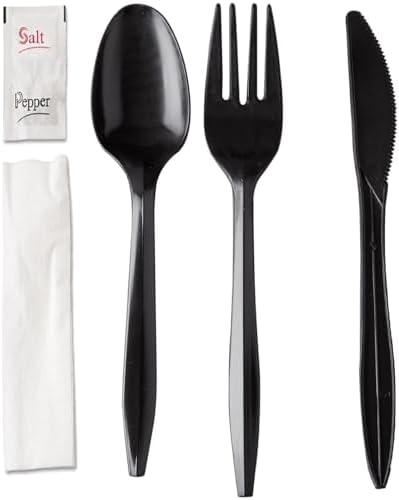 450 Plastic Cutlery Packets - Knife Fork Spoon Napkin Salt Pepper Sets | Black Plastic Silverware Sets Individually Wrapped Cutlery Kits, Bulk Utensil Cutlery Set Disposable To Go Silverware