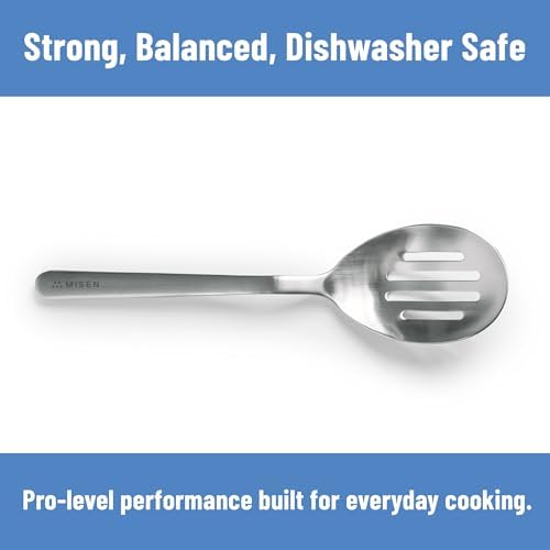 Misen Slotted Chef Spoon – Stainless Steel Draining and Serving Spoon for Pasta Vegetables Poached Eggs Fried Foods Meatballs Braises and Everyday Cooking and Kitchen Prep