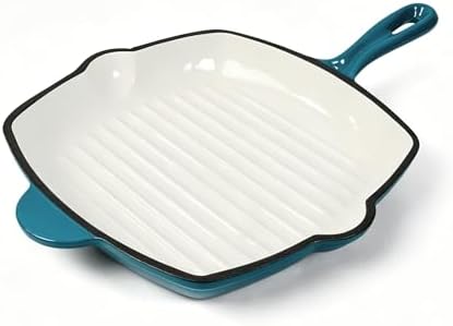 Enameled Cast Iron Square Grill Pan, Nonstick Skillet Grilling Pan (Peacock Blue, 9.5 inch)
