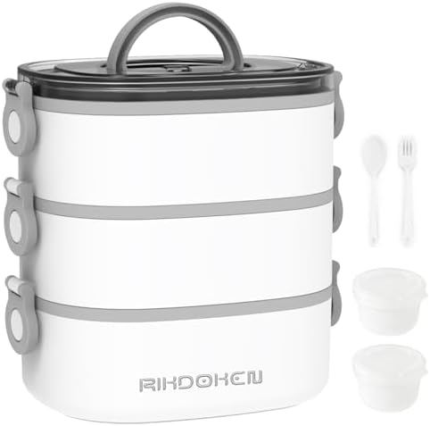 RIKDOKEN Lunch Box, Stackable 3 Layers Containers, Portable 94OZ Large Capacity Leakproof Bento Box with Spoon & Fork & Sauce Boxes, Microwave Safe Lunch Box for Kids and Adults