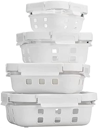 GENICOOK Glass Food Storage Meal Prep Containers - Food Grade Silicone Wrap & Air Release Vent, Rectangular shape - 8 Pc Set (4 Containers - 4 Matching Lids)