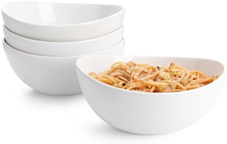 Sweese 42oz Porcelain Serving Bowls - Set of 4, 8-Inch White Bowls for Salad, Soup, Pasta & More - Microwave, Dishwasher & Oven Safe