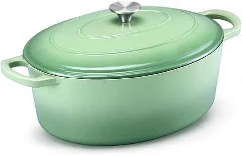 E-far 7QT Oval Dutch Oven Pot with Lid, Green Enameled Cast Iron Dutch Oven