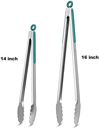 304 Stainless Steel Kitchen Cooking Tongs, 14 & 16", Set of 2, Aqua Sky