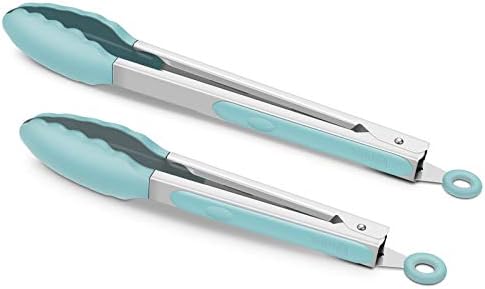 2 Pack Silicone Kitchen Tongs, 9 & 12 Inch, Stainless Steel, Aqua Sky