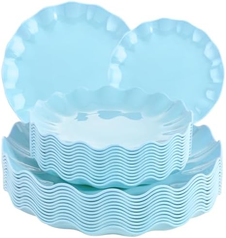 LIYH 24Pcs Light Blue Scalloped Plastic Plates Reusable For Party Events