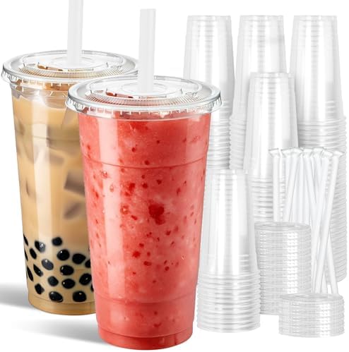 Ginkgo 32 oz Clear Plastic Cups with Lids and Jumbo Straws