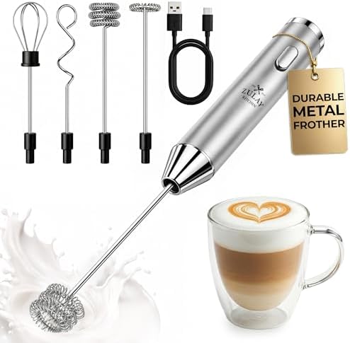 Zulay Kitchen Rechargeable Milk Frother Handheld - Frother Wand, Drink Mixer, Electric Whisk Frother, for Cappuccinos, Matcha & Protein Powder - Ultra Metal 4 Whisk, 1800mAh Silver