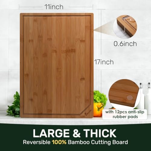 Kikcoin 17”×11” Deep-Carbonized Bamboo Cutting Boards for Kitchen, Healthy Wooden Cutting Boards for Kitchen, Charcuterie, Vegetables, Extra Large Chopping Boards with Deep Juice Groove and Handle