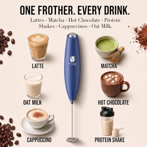 Bean Envy Milk Frother Handheld - Coffee Mixer Wand with Stand - Blue