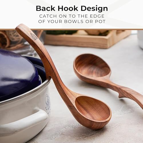 Wooden Ladle for Soup, 3 Size Teak Wood Ladle Spoon with Back Hooks