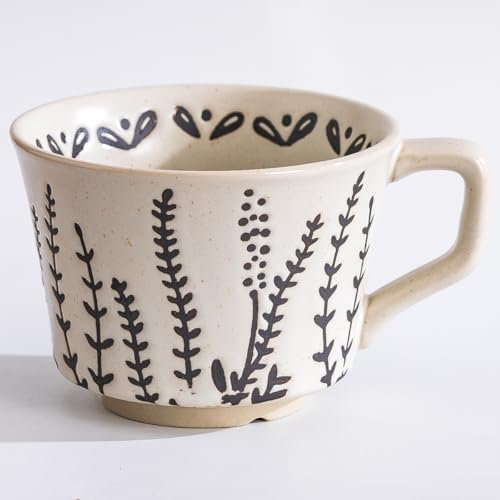 Small Ceramic Mug, 11oz - Vintage Cup Mug for Coffee Milk Latte Cappuccino Tea, Plant Porcelain Cup Dishwasher Microwave Freezer Safe Stoneware 1 PC Black Leaf Cup