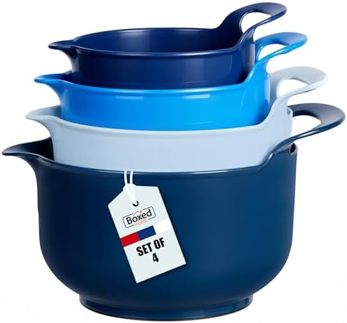 BoxedHome 4 Pack Nesting Mixing Bowls with Pour Spout and Handle, Plastic Large Mixing bowl BPA free Microwave & Dishwasher Safe(Blue, 4 Pack with Handle)