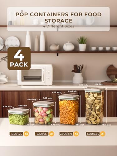 Airtight Food Storage Containers, 4-Piece Set, 1.3-3.5 Qt, Pop-Top Lids