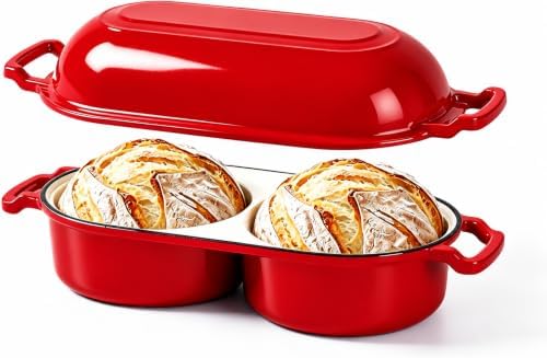 Double Dutch Oven for Sourdough Bread Baking, Enameled Cast Iron Bread Pot with Lid, Double Round Loaf Space, 500F Oven Safe, Non Stick Mini Loaf Pans for Homemade Cake Meatloaf