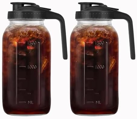 2 Pack 64oz (2 quart) Glass Pitcher with Handle and Lid, Mason Jar Pitcher